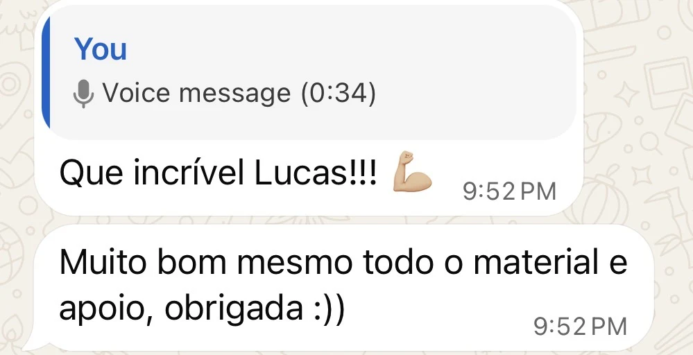 Mensagem de uma atleta: Que incrível Lucas! Muito bom mesmo todo o material e apoio, obrigada.